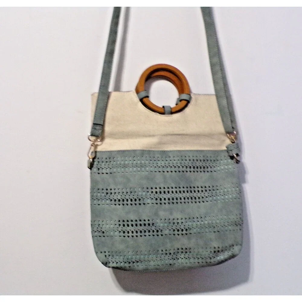 Suede & Burlap Wooden Handbag Crossbody Green & Beige 13